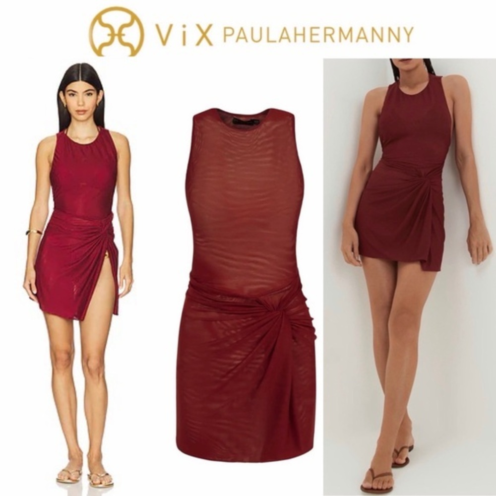 VIX Mila Short Cover Up Mesh Dress Burgundy Ponche Sz S NWT
